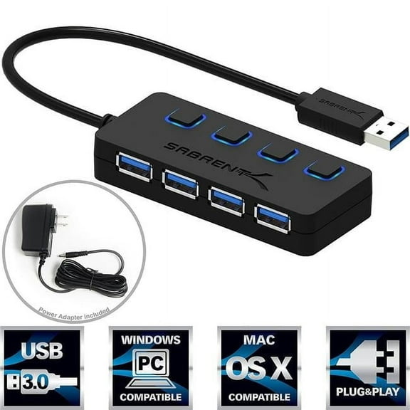 Sabrent 4 Port USB 3.0 Hub with Power Adapter & Led Switches