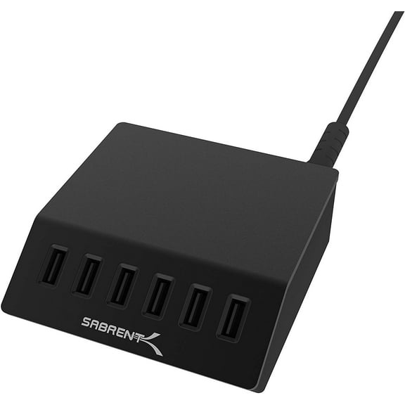 Sabrent Premium 60 Watt (12 Amp) 6-Port Aluminum Family-Sized Desktop USB Rapid Charger. Smart USB Charger with Auto Detect Technology [Black] (AX-FLCH-B)