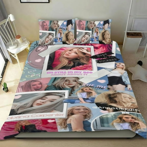 Sabrina Carpenter Music Comforter Set Cartoon 3 Piece Bedding Set Cute Duvet Cover Sets Super Soft Girls Bedding Set Kids Bedroom Gifts,1 Duvet Cover with 2 Pillowcases Twin