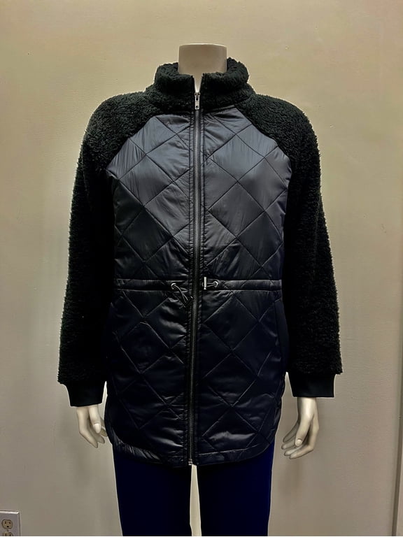 quilted long sleeve mock neck front zipper front pockets draw string Jacket , Black , M