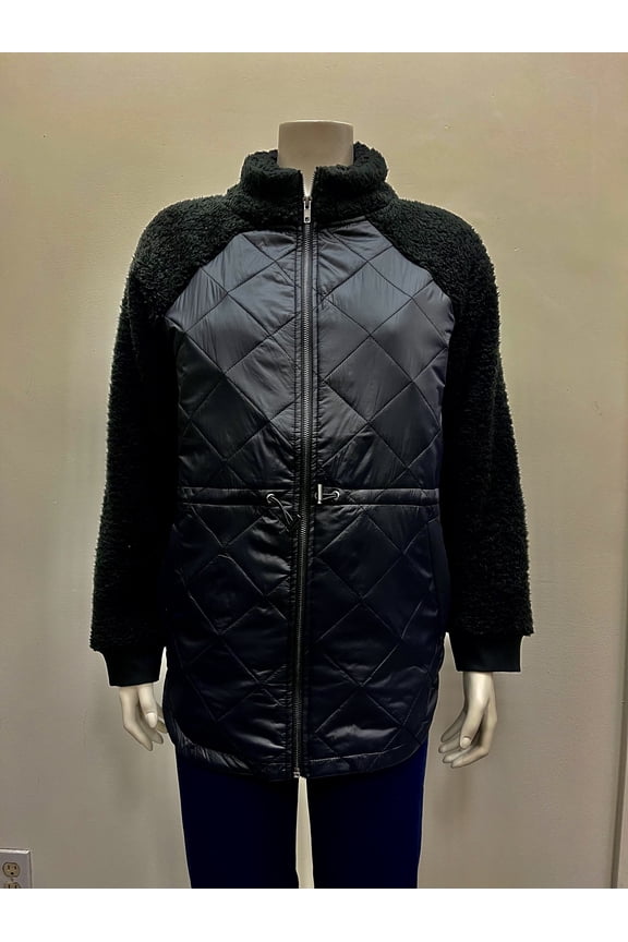 quilted long sleeve mock neck front zipper front pockets draw string Jacket , Black , XL