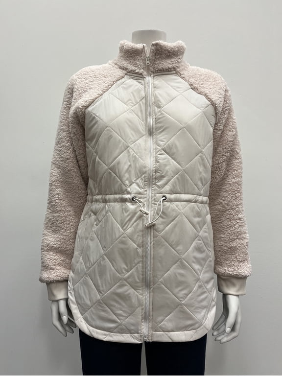 quilted long sleeve mock neck front zipper front pockets draw string Jacket , Sand , L