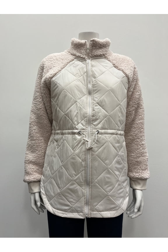 quilted long sleeve mock neck front zipper front pockets draw string Jacket , Sand , S
