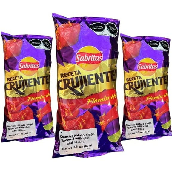 Sabritas Receta Crujiente Flamin Hot (3 Pack) 3.5 Oz - Mexican Large Chips - Botanas Mexicanas Bolsa Grande