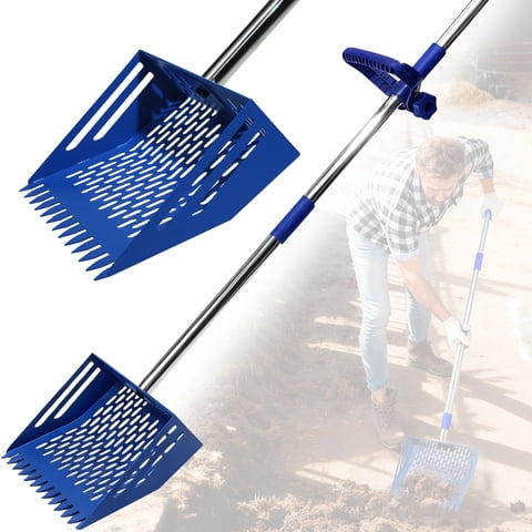 Saburrnity Heavy Duty 4-in-1 Chicken Poop Scooper with Adjustable 24-67" Stainless Steel Handle - Multifunctional Litter Sifting Shovel for Coop Cleaning (Blue)