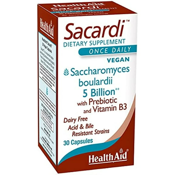 Sacardi, 5 Billion with Vitamin B3, Once Daily, 30ct, Saccharomyces Boulardii, 5 Billion with FOS & Vitamin B3, Dairy Free, Acid & Bile Resistant Strains, Vegan