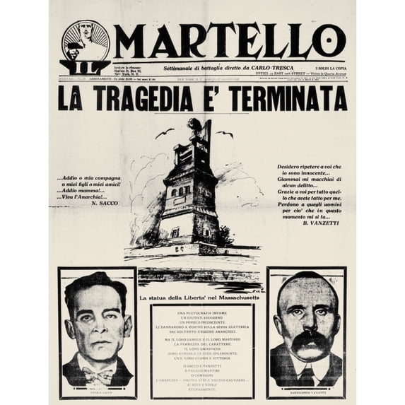 Sacco & Vanzetti Frontpage. Nthe Front Page Of Carlo Tresca'S Italian-Language Anarchist Newspaper 'Il Martello' (The