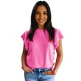 thumbnail image 1 of Sachet Pink Ruffle Short Sleeve Sweater for Women – Casual Summer Knit Top, XL, 1 of 11