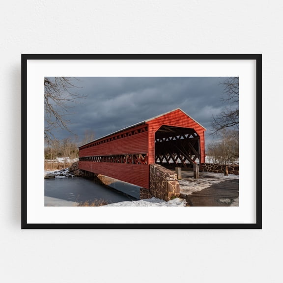 Sachs Covered Bridge, Gettysburg PA in Winter - Gettysburg Pennsylvania Photography Winter Snow Rustic Architecture Scenic Bridge Black Framed Wall Art Print 5 x 7 inches
