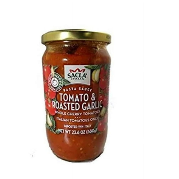 SACLA Cherry Tomato & Roasted Garlic Pasta Sauce with No Added Sugar | 100% Italian Grown Tomatoes with Slow Roasted Garlic | 24 oz Glass Jar | Imported from Italy | Non-GMO Authentic Italian Sauce