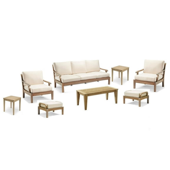 Sack 8 Pc Sofa Set: Sofa, 2 Lounge Chairs, 2 Ottomans, Coffee Table & 2 Side Tables With Cushions in Sunbrela Fabric #57003 Canvas White