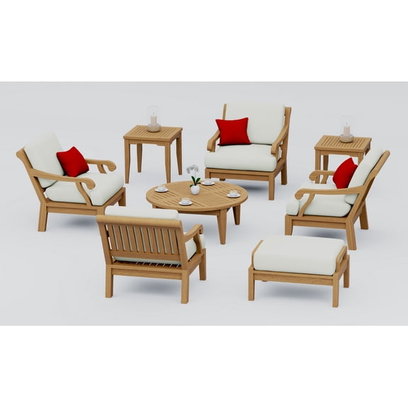 Sack Teak Wood 8 Pc Lounge Chair Set: 4 Lounge Chairs, Ottoman, Round Coffee Table & 2 Side Tables With Cushions in Outdoor Sunbrella Fabric #5404 Canvas Natural