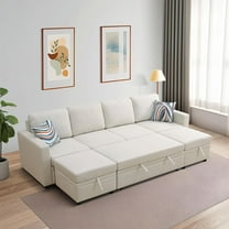 Sackcloth 6-Pieces Pull Out Sleeper Sofa Bed with Storage Chaise, U-Shape Sectional Couch Bed with Back Cushion for Living Room,Apartment,Office - Beige