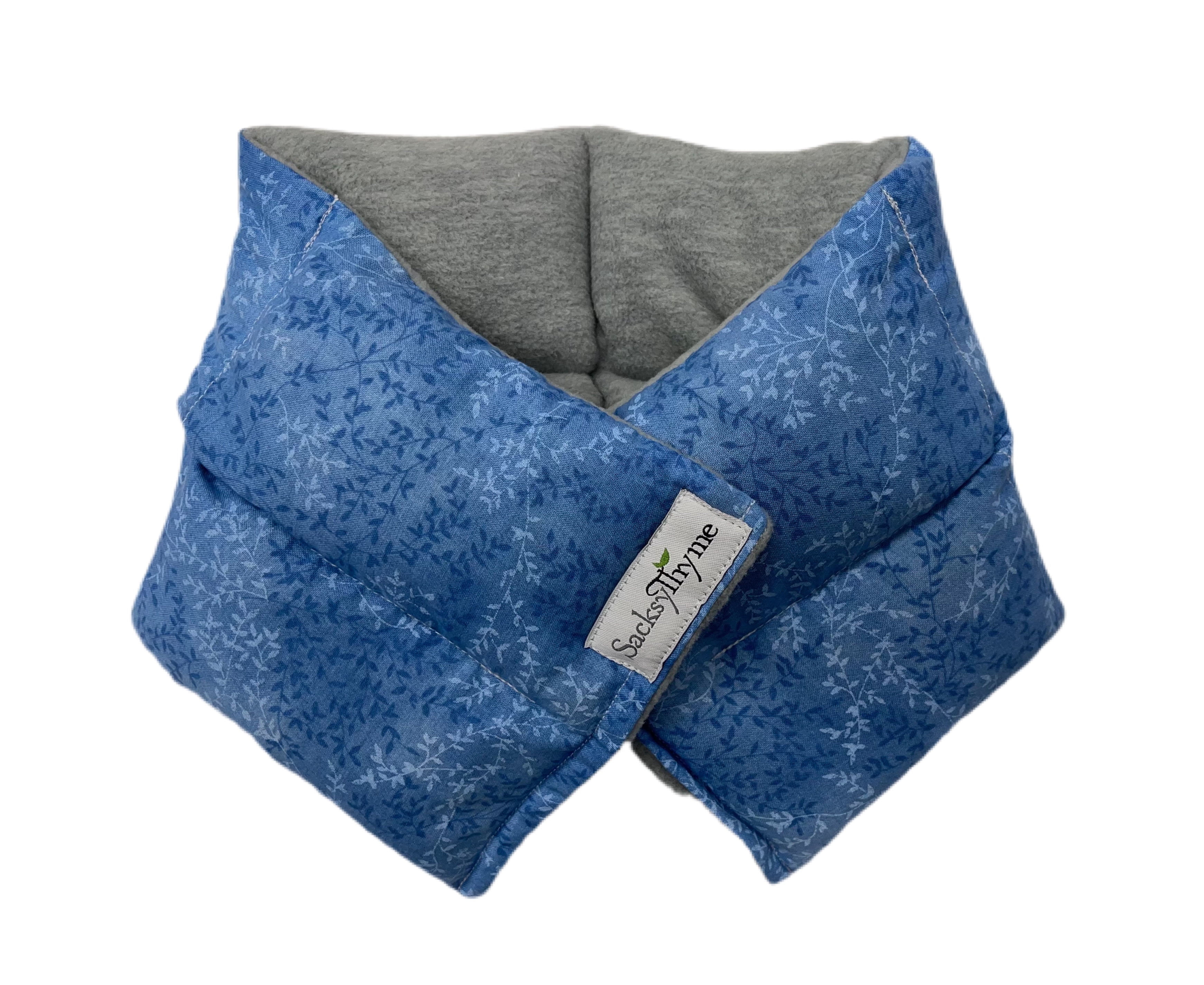 Sacksy Thyme Microwaveable Heating Pad - Microwave Neck and Shoulder Wrap for Moist Hot Therapy - Hot & Cold Compress for Relaxation & Stress Relief - Flaxseed - Made in USA - 22"x6", Blue & Grey