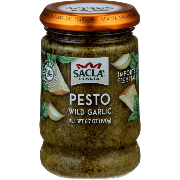 SACLA Wild Garlic Pesto Sauce | Basil & Wild Garlic Italian Pesto with Parmigiano Reggiano & Pecorino Romano Cheeses | 6.7 oz Glass Jar | Non-GMO Gourmet Sauce Imported from Italy