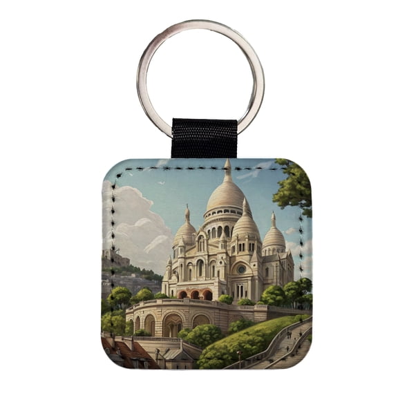 Sacre Coeur Church Paris France Faux Leather Square Keychain