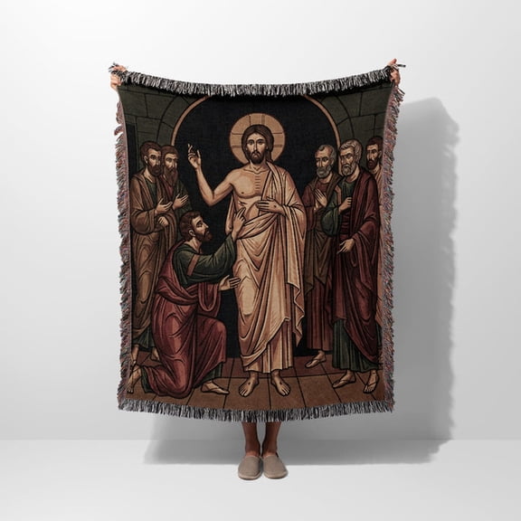 Sacred Artic Incredulity Saint Thomas Jesus Christ Woven Throw Blanket, 100% Cotton, Fringed Edges