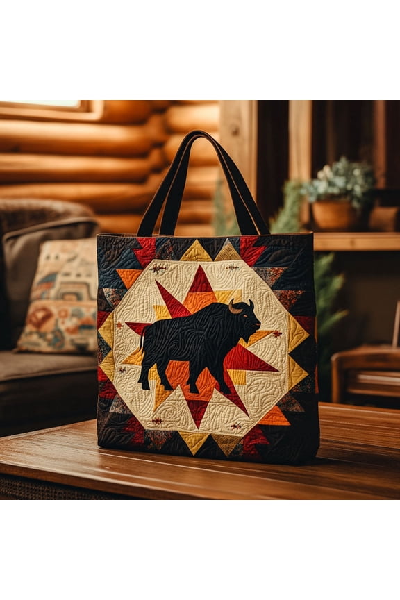 Sacred Bison Star Quilted Tote Bag, Bison Art Shoulder Carryall, Reusable Carryall Bag, Western Gift for Her