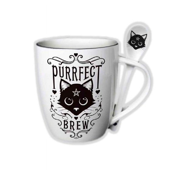 Sacred Cat Purrfect Brew Ceramic Mug and Spoon Set by Alchemy England