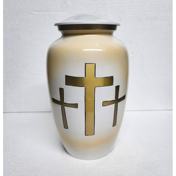 Sacred Cross White Urn for Human Ashes  10-Inch Memorial Cremation Urn for Adults