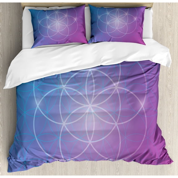 Sacred Geometrty Decor King Size Duvet Cover Set, Round Forms in Two Dimensional Space Axis Historical Artifact Image, Decorative 3 Piece Bedding Set with 2 Pillow Shams, Blue Purple, by Ambesonne