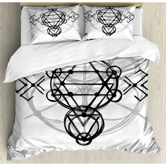 Sacred Geometrty Decor King Size Duvet Cover Set, Simplistic Seed of Life Symbol with Vortex Motion with Spheres Print, Decorative 3 Piece Bedding Set with 2 Pillow Shams, Black Grey, by Ambesonne