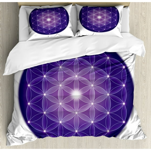 Sacred Geometrty Decor Queen Size Duvet Cover Set, Flower Life Design of Ancient Traditions with Point Stars Archaic Motif, Decorative 3 Piece Bedding Set with 2 Pillow Shams, Purple, by Ambesonne