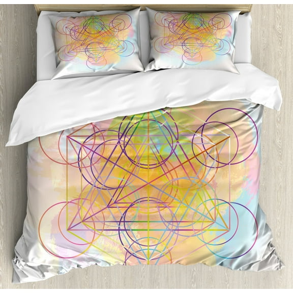 Sacred Geometrty Decor Queen Size Duvet Cover Set, Psychedelic Flower of Life with Modern Hallucinatory Hexagon Artwork, Decorative 3 Piece Bedding Set with 2 Pillow Shams, Multi, by Ambesonne