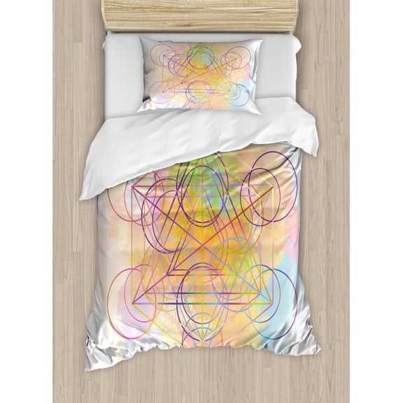 Sacred Geometrty Decor Twin Size Duvet Cover Set, Psychedelic Flower of Life with Modern Hallucinatory Hexagon Artwork, Decorative 2 Piece Bedding Set with 1 Pillow Sham, Multi, by Ambesonne