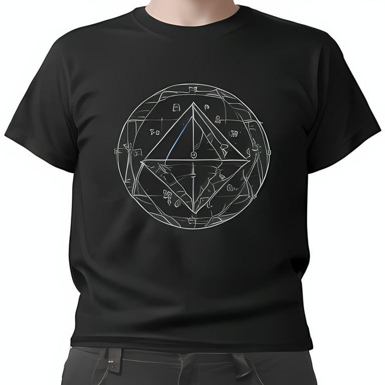 Sacred Geometry Black T Shirt with 3D Hologram Sphere Triangle and Mathematical Formulas Vector Style T Shirt