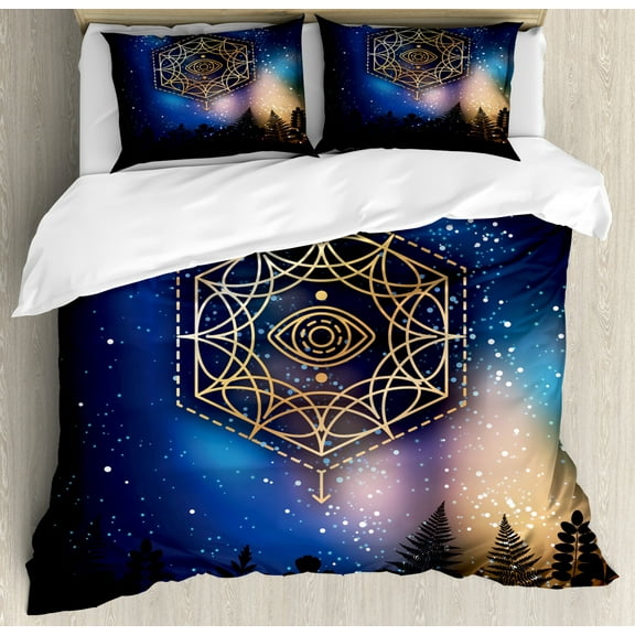 Sacred Geometry Duvet Cover Set King Size, Hexagon Form with the Eye Icon in the Centre on Starry Night Mystic Image, Decorative 3 Piece Bedding Set with 2 Pillow Shams, Multicolor, by Ambesonne