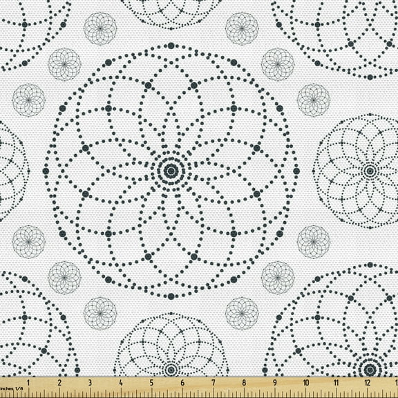 Ambesonne Sacred Geometry Fabric by the Yard Upholstery, Circular Dotted Art, 5 Yards, Dark Petrol Blue White