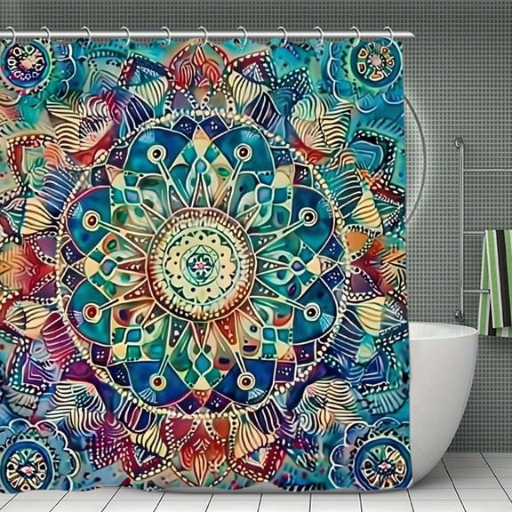 Sacred Geometry Mandala Colorful Pattern Print Shower Curtain,Modern Fabric Waterproof Shower Curtain Set with Hooks,70.8×70.8Inch