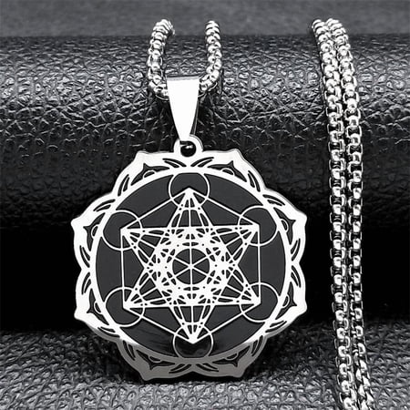 Sacred Geometry Metatron Cube Angel Seal Archangel Necklace for Women Men 14K White Gold Flower of Life Lotus Chain Jewelry