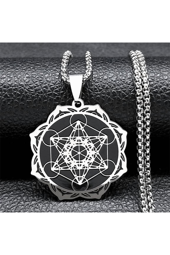 Sacred Geometry Metatron Cube Angel Seal Archangel Necklace for Women Men 14K White Gold Flower of Life Lotus Chain Jewelry