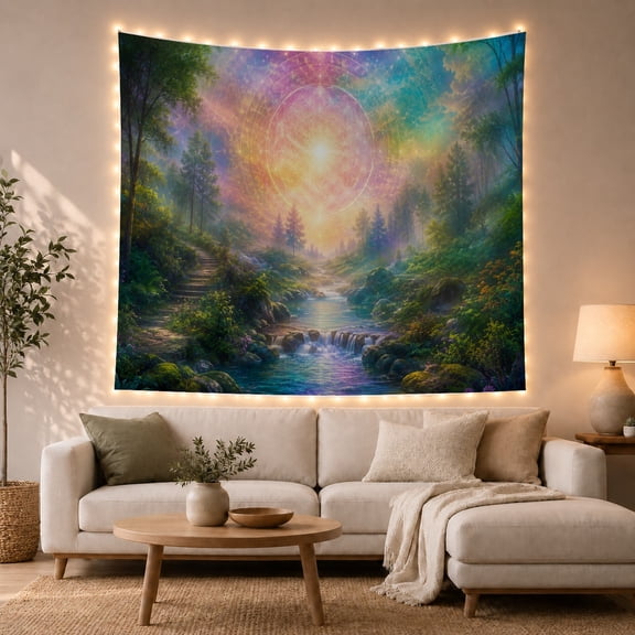 Sacred Geometry in Mystical Forest Landscape, Dreamy Fantasy for Nature Lovers, Celestial Wall Art Decor Housewarming Gift, Tapestry Wall Hanging for Bedroom and Living Room