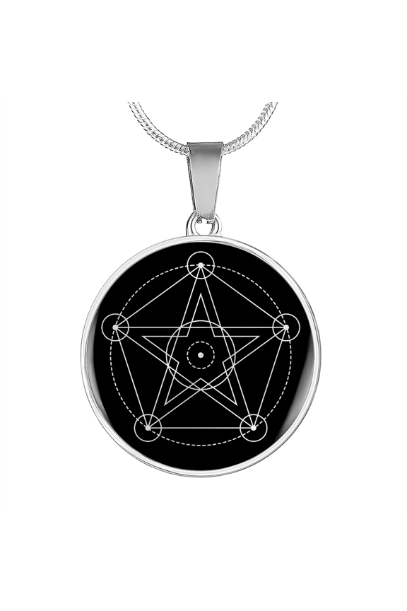Sacred Geometry Pentagram Stylized Version Circle Necklace Stainless Steel 24 Inch Chain Silver Tone or Gold Tone