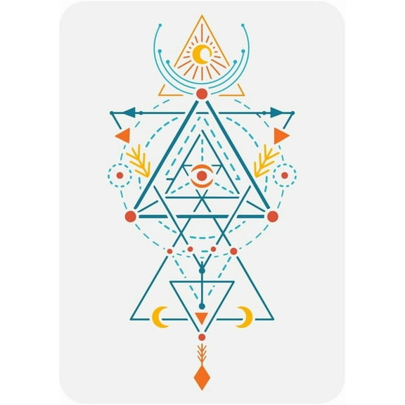 Sacred Geometry Stencil forPainting - 8.3x11.7inch Large Geometric Figures Template with Hollowed Sun Moon & Eye Design - Reusable Theme
