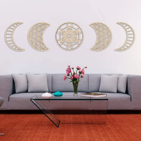 Sacred Geometry Wall Art - Moon Phase Home Decor - Meditation Accessory Wooden Wall Decor Aesthetic Room Decor Metatron's Cube, Flower of Life Wall Art (Natural Wood)