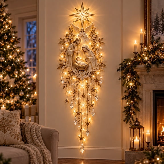 Sacred Glow Nativity Lighted Wall Decor, Holy Family Jesus Mary Joseph with Guardian Angel, Star Crystal Cascade Christmas Wall Hanging
