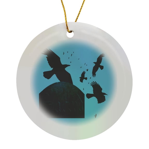 3drose, Sacred Gothic Text Gravestone with Crows and Ravens, Circle Porcelain Ornament