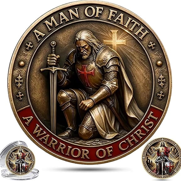 Sacred Guardian Commemorative Coin,Knight Templar Prayer Coin, Sword Red Cross Shield Design,Christian Gift for Men & Collectors
