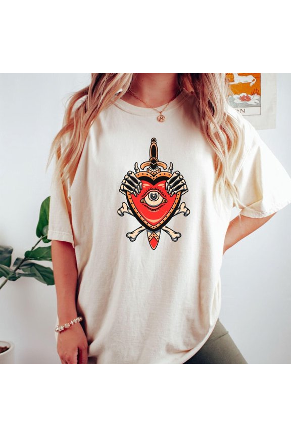Sacred Heart Dagger Graphic Tee, Skeleton Hand Tattoo Flash Design, Comfort Colors Unisex Cotton T-Shirt Size S-3XL
