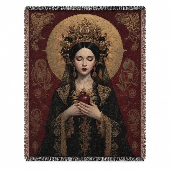 Sacred Heart Divine Feminine Woven Blanket – 100% Cotton Gothic Spiritual Throw with Fringed Edges, 3 Sizes
