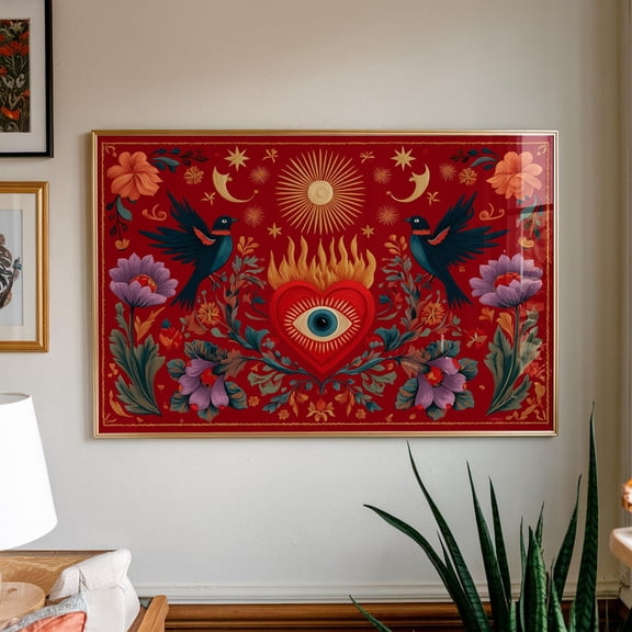 Sacred Heart Floral Mystical Flaming Eye Red Maximalist Poster Unframed Paper Print