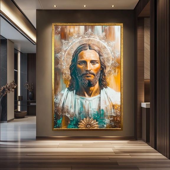 Sacred Heart Of Jesus Canvas Art | Spiritual Christian Wall Decor | Gold & Teal Religious Print | Inspirational Jesus Portrait, Unframed Canvas Size 8x12