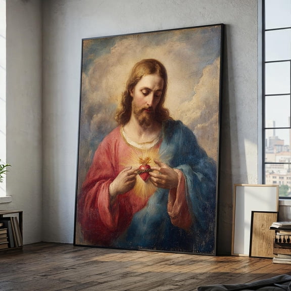 Sacred Heart Of Jesus Canvas Painting For Home Altar – Ready To Hang Religious Wall Art, Christian Gift, Spiritual Catholic Home Decor, Stretched Canvas Size 12x18
