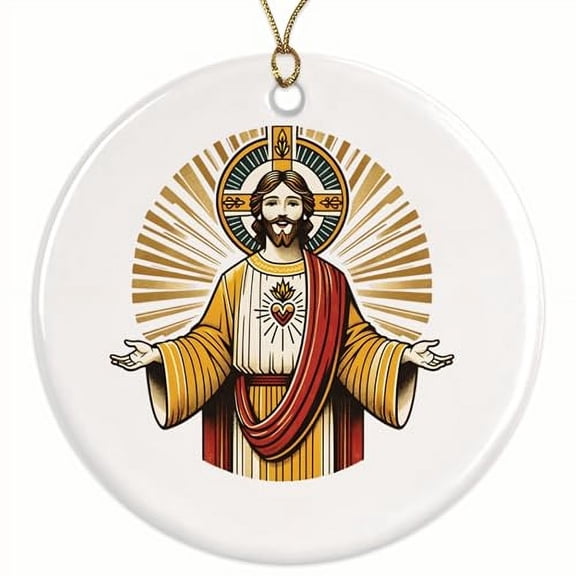 Sacred Heart of Jesus Christmas Ornament - Religious Magnet Decals - Christian Faith Christmas Ornament - 2.8" Round Ornament - Gold String Included - UV Printed Design - Glossy Ceramic - BMCO0812
