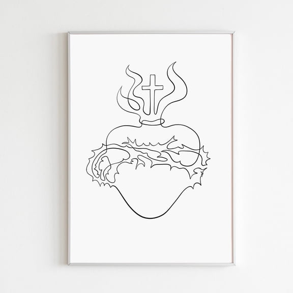 Sacred Heart Jesus One Line Drawing Modern Christian Wall Art Religious Home Decor Decoration Design Simple Stroke Illustration Unframed Paper Print