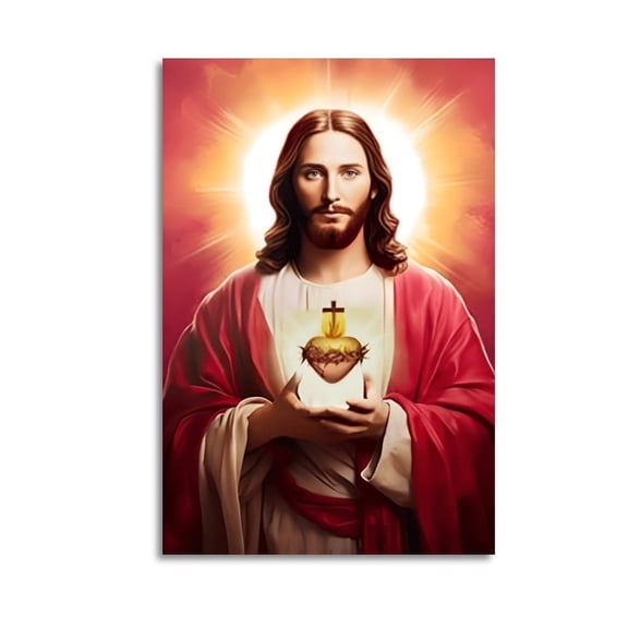 Sacred Heart Jesus Painting God Poster Wrapped Wooden Frame Wall Decor,,Canvas Wall Art for Living Room,Bedroom,Office,Ready to Hang